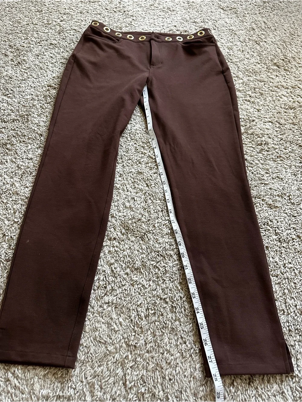 Michael Kors Chocolate Brown Ponte Skinny Pants with Grommet Detail